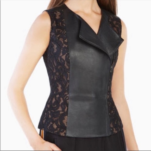BCBGMaxAzria Jackets & Blazers - Bcbg Maxazria Becky black nude Lace and Leather Asymmetrical wrap Vest Size S